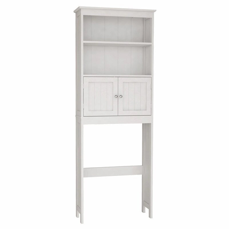 Meuble de rangement WC 2 portes avec 2 étagères ouvertes, finition bois blanc, autoportant