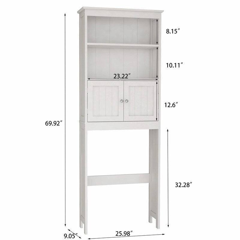 Meuble de rangement WC 2 portes avec 2 étagères ouvertes, finition bois blanc, autoportant
