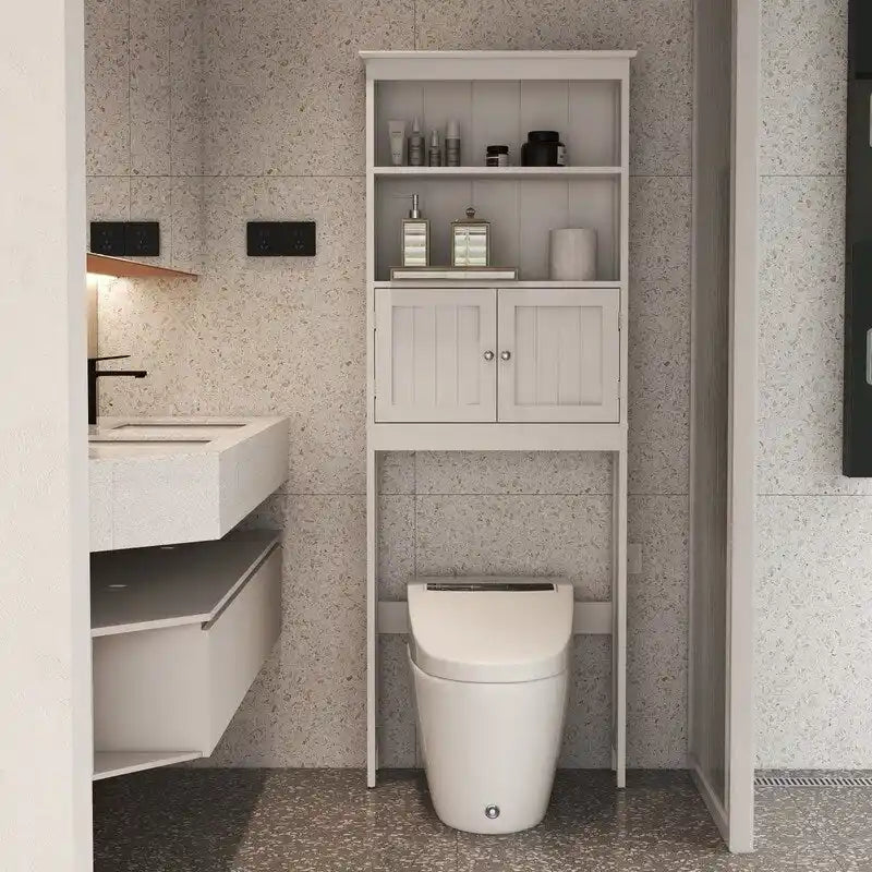 Meuble de rangement WC 2 portes avec 2 étagères ouvertes, finition bois blanc, autoportant
