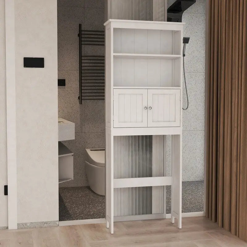Meuble de rangement WC 2 portes avec 2 étagères ouvertes, finition bois blanc, autoportant