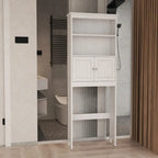 Meuble de rangement WC 2 portes avec 2 étagères ouvertes, finition bois blanc, autoportant