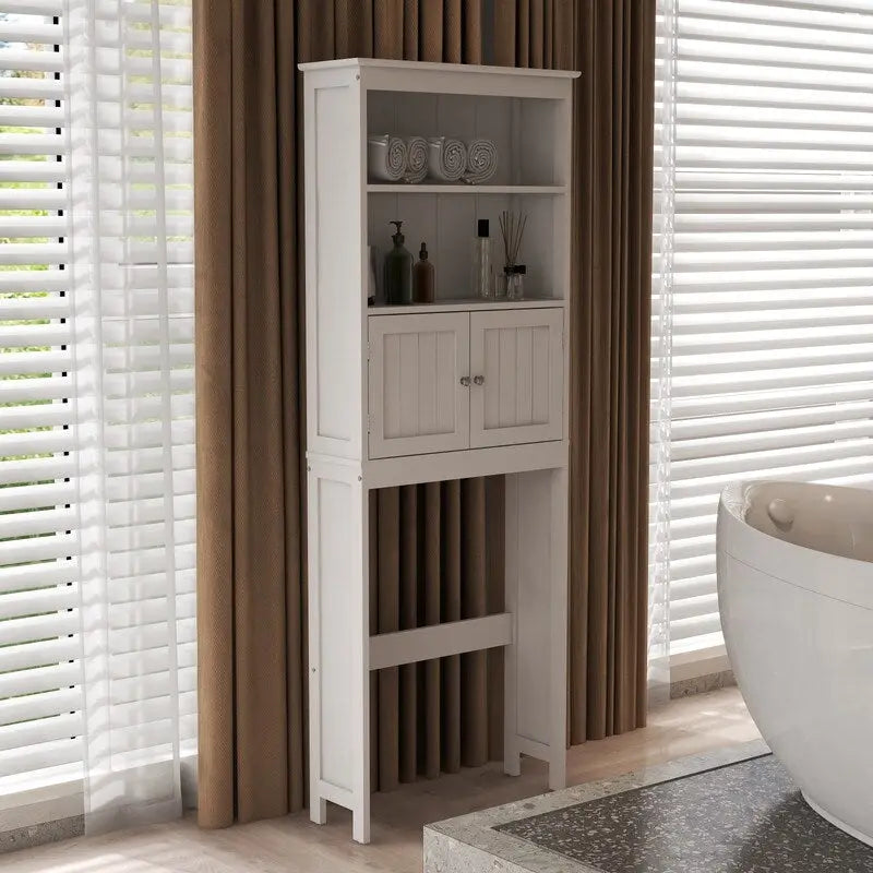 Meuble de rangement WC 2 portes avec 2 étagères ouvertes, finition bois blanc, autoportant