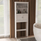 Meuble de rangement WC 2 portes avec 2 étagères ouvertes, finition bois blanc, autoportant
