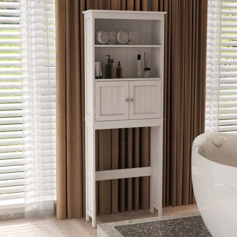 Meuble de rangement WC 2 portes avec 2 étagères ouvertes, finition bois blanc, autoportant