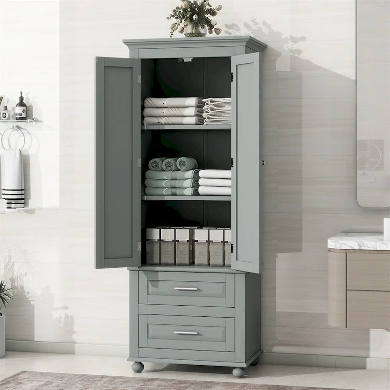 Meuble de rangement haut gris avec 2 tiroirs et étagère réglable