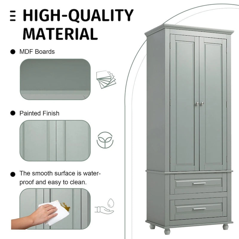 Meuble de rangement haut gris avec 2 tiroirs et étagère réglable