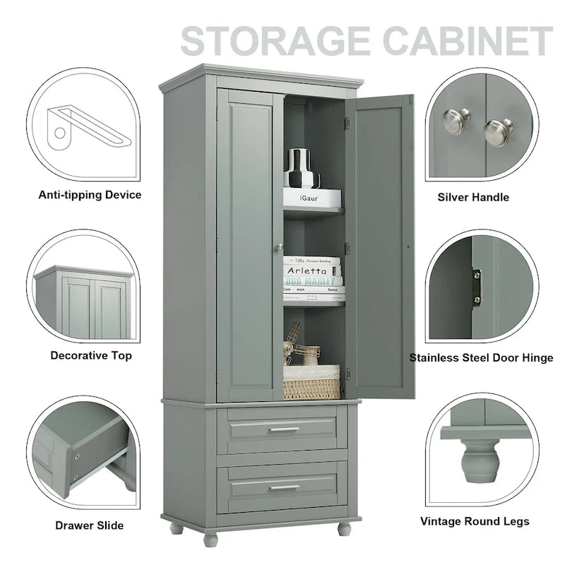Meuble de rangement haut gris/blanc avec 2 tiroirs et une étagère réglable