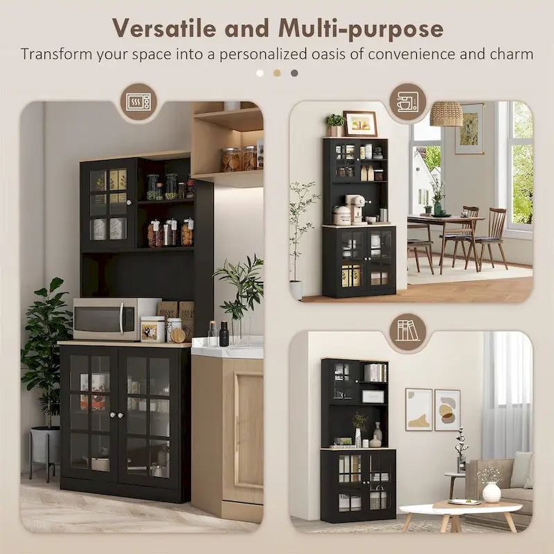 Armoire de cuisine autoportante noire de 183 cm, porte vitrée, simple