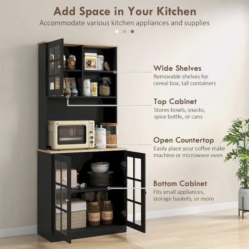 Armoire de cuisine autoportante noire de 183 cm, porte vitrée, simple