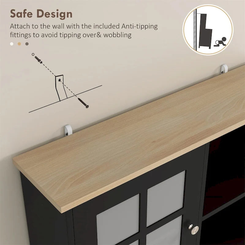 Armoire de cuisine autoportante noire de 183 cm, porte vitrée, simple
