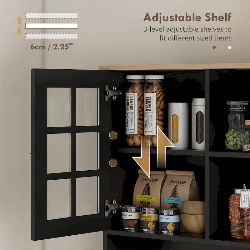 Armoire de cuisine autoportante noire de 183 cm, porte vitrée, simple