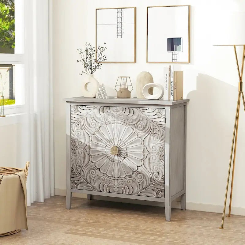 Buffet gris clair avec étagère réglable, plateau en MDF