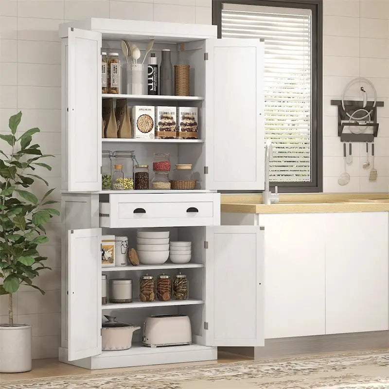 Meuble de rangement de cuisine autoportant traditionnel blanc, 4 étagères avec tiroir