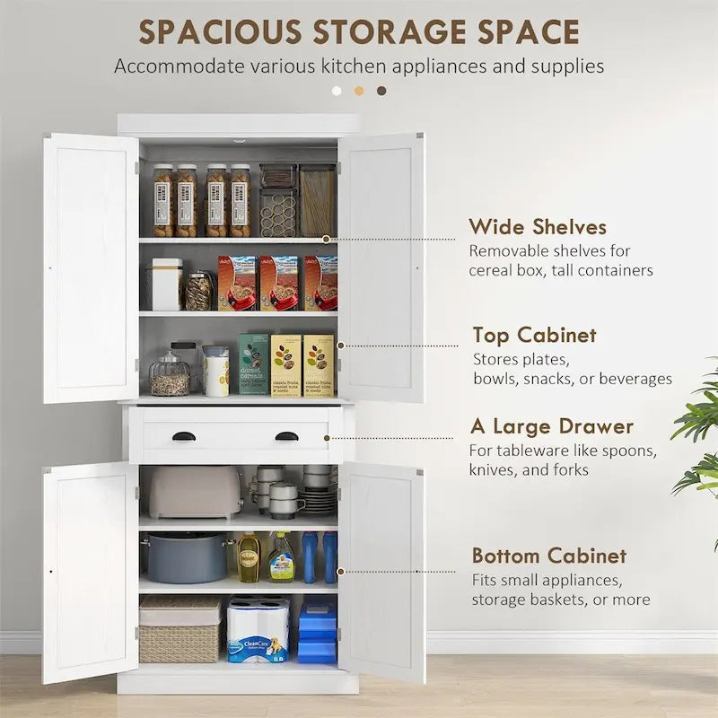 Meuble de rangement de cuisine autoportant traditionnel blanc, 4 étagères avec tiroir