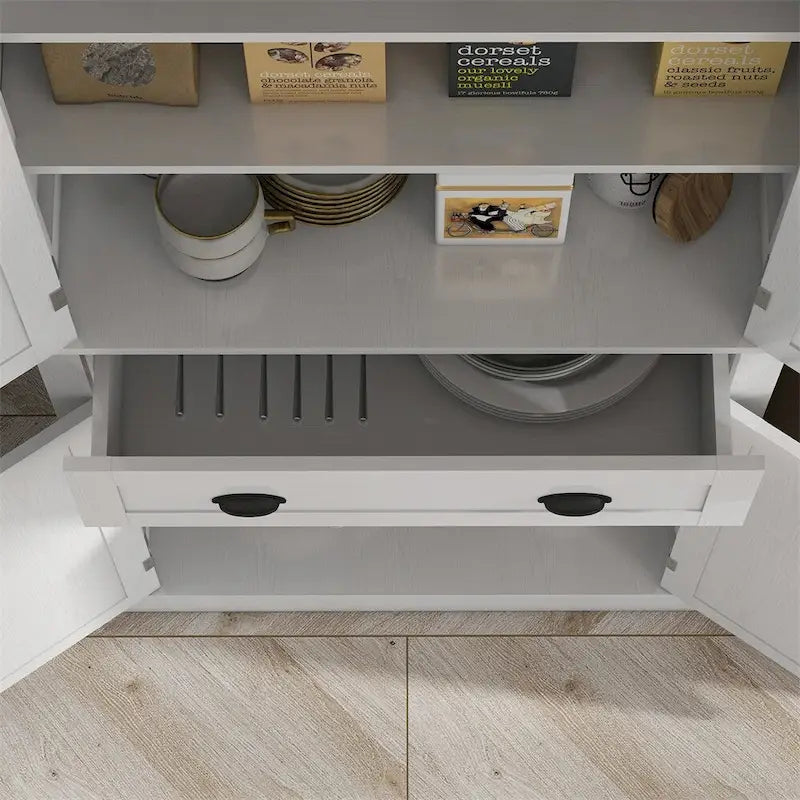 Meuble de rangement de cuisine autoportant traditionnel blanc, 4 étagères avec tiroir