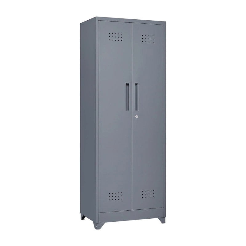 Armoire de rangement verrouillable en acier gris / gris et blanc, organisateur haut pour balais et outils