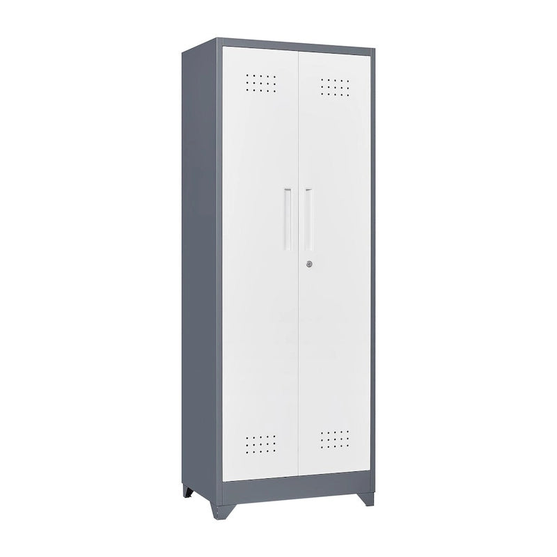 Armoire de rangement verrouillable en acier gris / gris et blanc, organisateur haut pour balais et outils