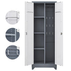 Armoire de rangement verrouillable en acier gris / gris et blanc, organisateur haut pour balais et outils