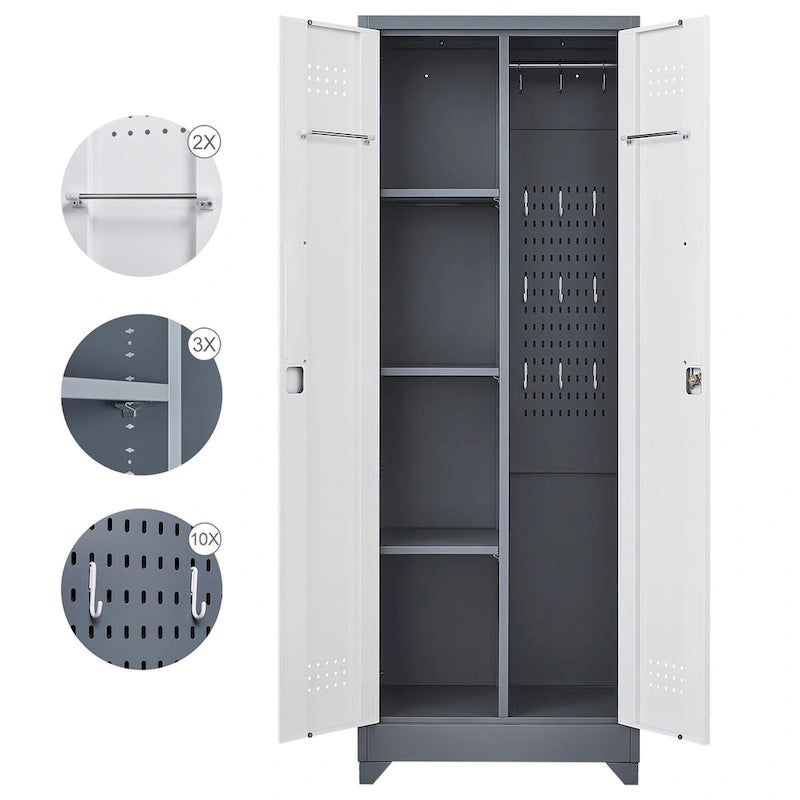 Armoire de rangement verrouillable en acier gris / gris et blanc, organisateur haut pour balais et outils