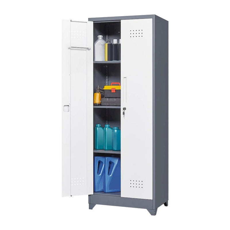Armoire de rangement verrouillable en acier gris / gris et blanc, organisateur haut pour balais et outils