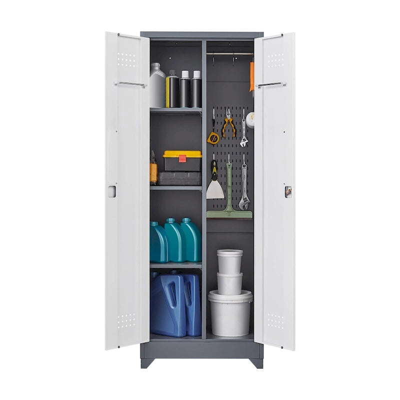 Armoire de rangement verrouillable en acier gris / gris et blanc, organisateur haut pour balais et outils