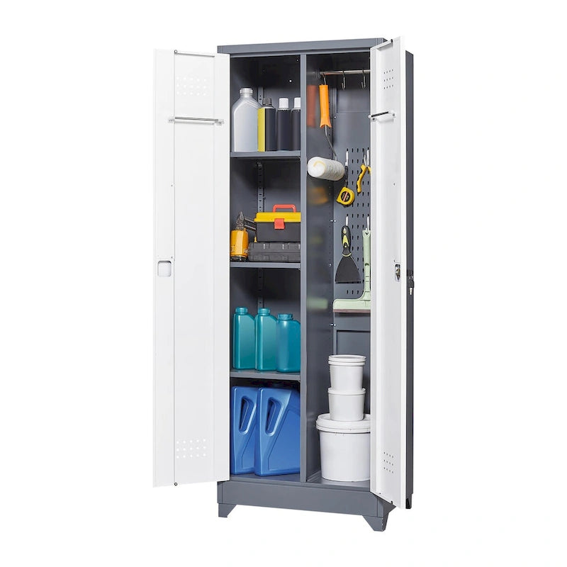 Armoire de rangement verrouillable en acier gris / gris et blanc, organisateur haut pour balais et outils