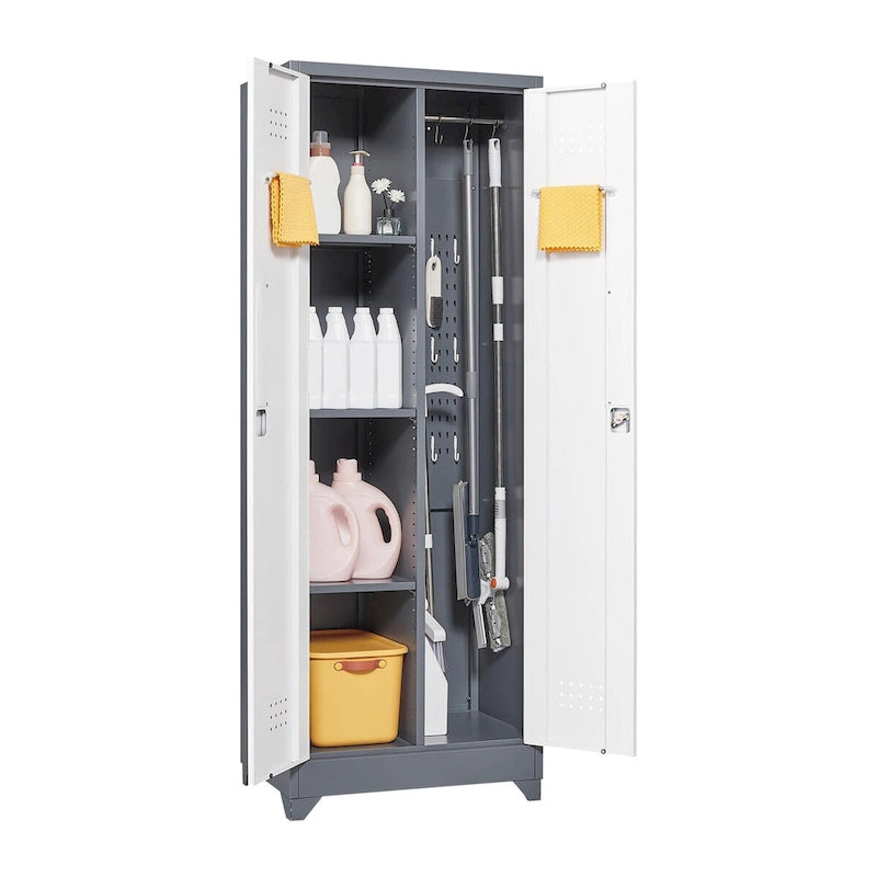Armoire de rangement verrouillable en acier gris / gris et blanc, organisateur haut pour balais et outils