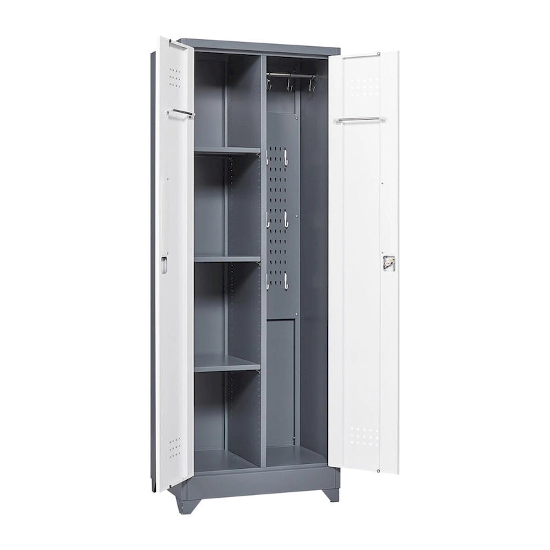 Armoire de rangement verrouillable en acier gris / gris et blanc, organisateur haut pour balais et outils
