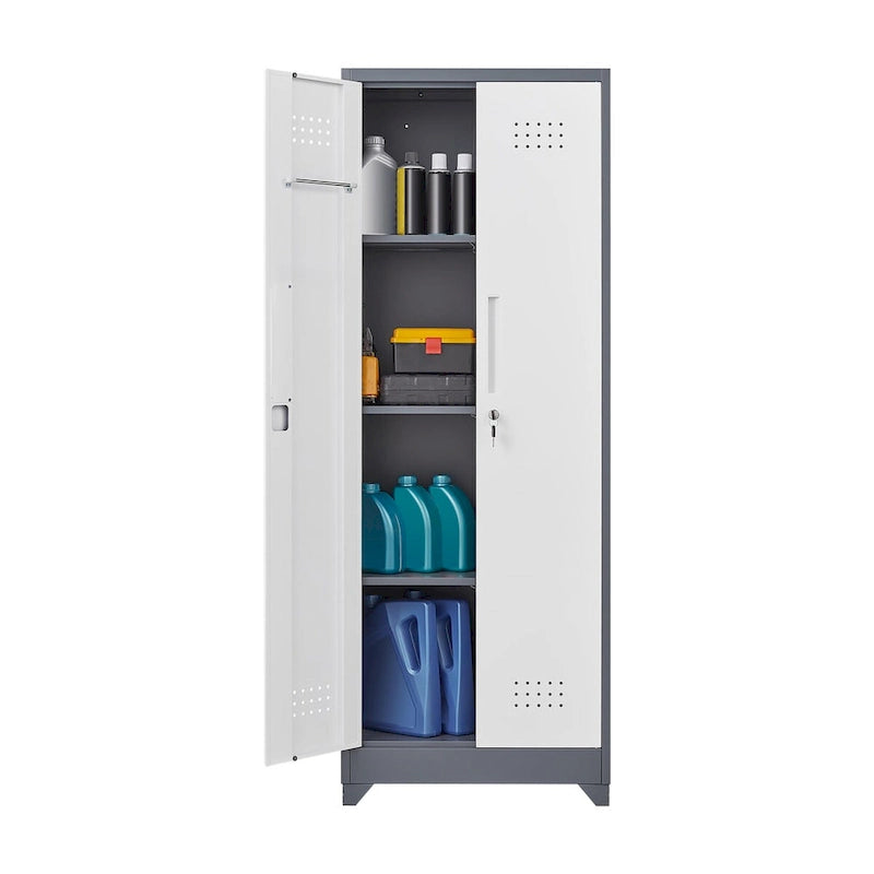 Armoire de rangement verrouillable en acier gris / gris et blanc, organisateur haut pour balais et outils