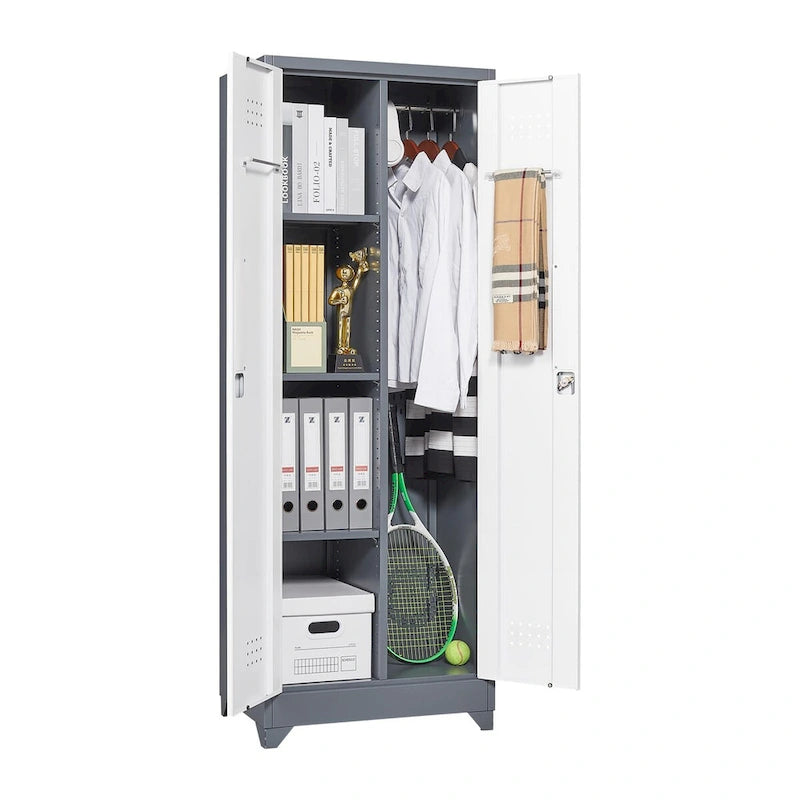 Armoire de rangement verrouillable en acier gris / gris et blanc, organisateur haut pour balais et outils
