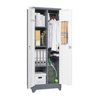 Armoire de rangement verrouillable en acier gris / gris et blanc, organisateur haut pour balais et outils