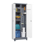 Armoire de rangement verrouillable en acier gris / gris et blanc, organisateur haut pour balais et outils