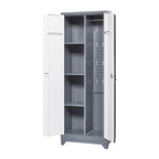 Armoire de rangement verrouillable en acier gris / gris et blanc, organisateur haut pour balais et outils