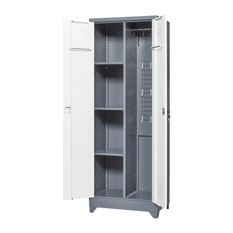 Armoire de rangement verrouillable en acier gris / gris et blanc, organisateur haut pour balais et outils