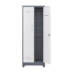 Armoire de rangement verrouillable en acier gris / gris et blanc, organisateur haut pour balais et outils