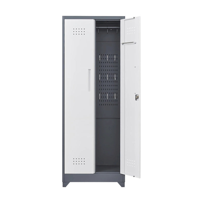 Armoire de rangement verrouillable en acier gris / gris et blanc, organisateur haut pour balais et outils