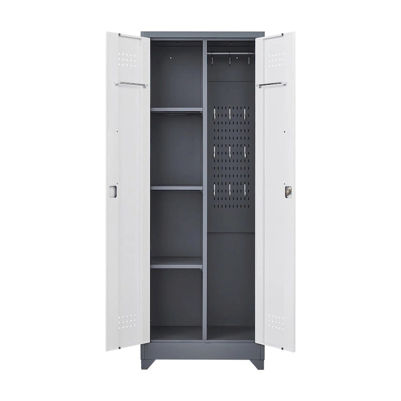 Armoire de rangement verrouillable en acier gris / gris et blanc, organisateur haut pour balais et outils