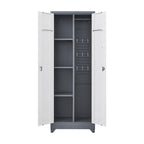 Armoire de rangement verrouillable en acier gris / gris et blanc, organisateur haut pour balais et outils
