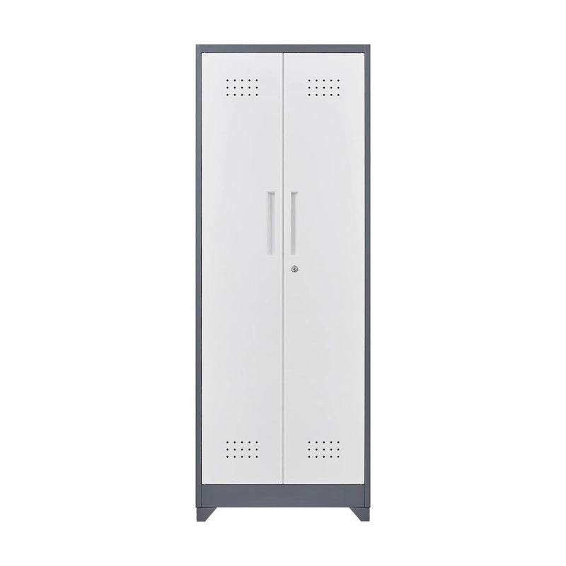 Armoire de rangement verrouillable en acier gris / gris et blanc, organisateur haut pour balais et outils