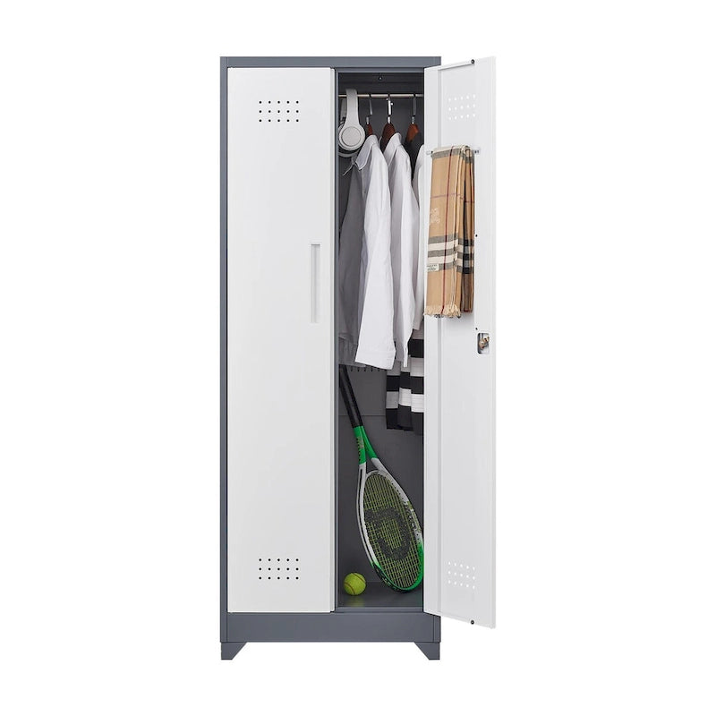 Armoire de rangement verrouillable en acier gris / gris et blanc, organisateur haut pour balais et outils