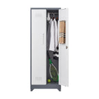 Armoire de rangement verrouillable en acier gris / gris et blanc, organisateur haut pour balais et outils
