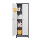 Armoire de rangement verrouillable en acier gris / gris et blanc, organisateur haut pour balais et outils