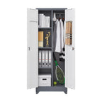 Armoire de rangement verrouillable en acier gris / gris et blanc, organisateur haut pour balais et outils