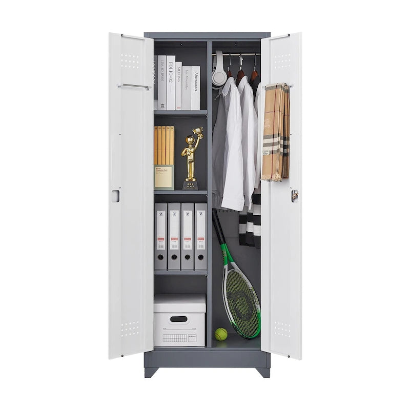 Armoire de rangement verrouillable en acier gris / gris et blanc, organisateur haut pour balais et outils