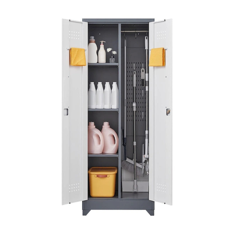 Armoire de rangement verrouillable en acier gris / gris et blanc, organisateur haut pour balais et outils