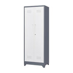 Armoire de rangement verrouillable en acier gris / gris et blanc, organisateur haut pour balais et outils