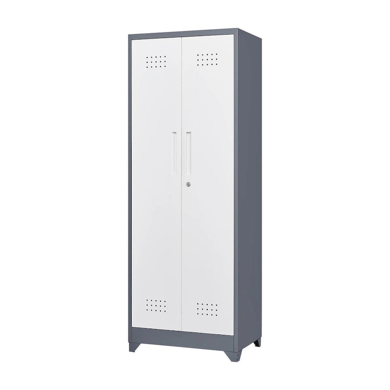 Armoire de rangement verrouillable en acier gris / gris et blanc, organisateur haut pour balais et outils