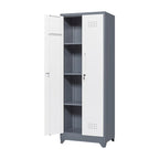 Armoire de rangement verrouillable en acier gris / gris et blanc, organisateur haut pour balais et outils