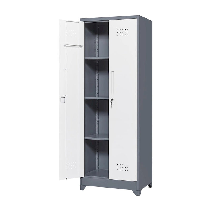 Armoire de rangement verrouillable en acier gris / gris et blanc, organisateur haut pour balais et outils