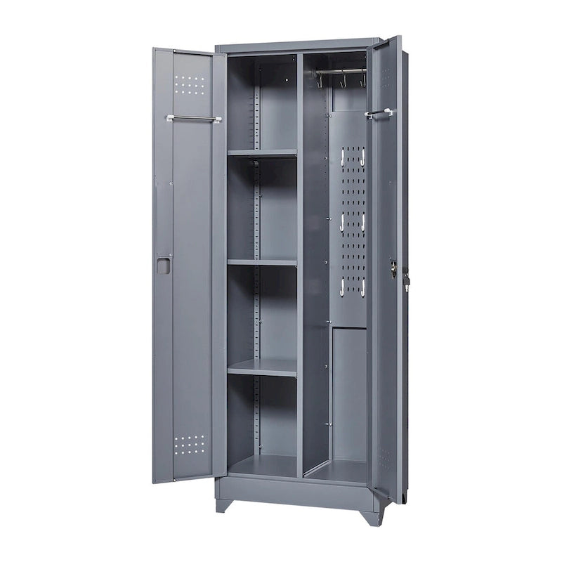 Armoire de rangement verrouillable en acier gris / gris et blanc, organisateur haut pour balais et outils